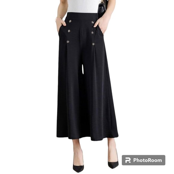 Women's DoubleBreasted High Elastic Waisted Dressy Casual Wide Leg Cropped Capri - Picture 1 of 4